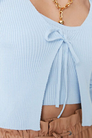 Kadın Moda Şık Crop V Yaka Slim Crop Bağlama Detaylı Bluz-Hırka Triko Takım
