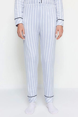 Kadın Moda Ceket Yaka Boru Paça Uzun Kol Çizgili Biyeli Uyku Bantlı Polar Kışlık Örme Pijama Takımı