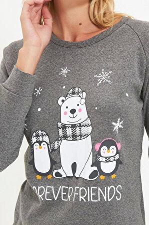 Kadın Polyester Karışımlı Bisiklet Yaka Uzun Kol Yumoş Pamuklu Ekoseli Örme Pijama Takımı