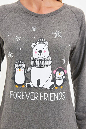 Kadın Polyester Karışımlı Bisiklet Yaka Uzun Kol Yumoş Pamuklu Ekoseli Örme Pijama Takımı