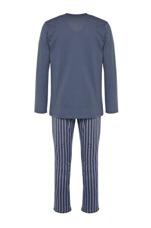 Erkek %100 Pamuk V Yaka Uzun Kol Baskılı Örme Pijama Takımı