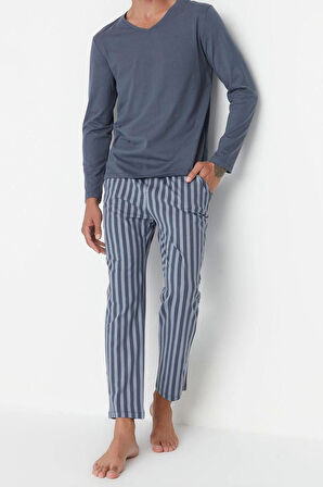 Erkek %100 Pamuk V Yaka Uzun Kol Baskılı Örme Pijama Takımı