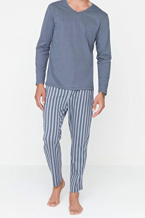 Erkek %100 Pamuk V Yaka Uzun Kol Baskılı Örme Pijama Takımı