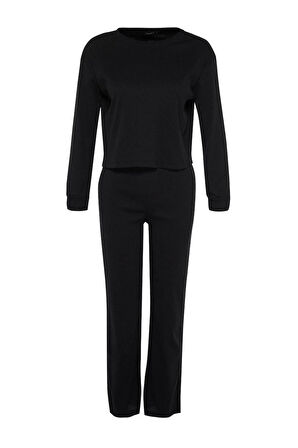 Kadın Moda Şık Bisiklet Yaka Boru Paça Uzun Kol Fitilli Örme Pijama Takımı