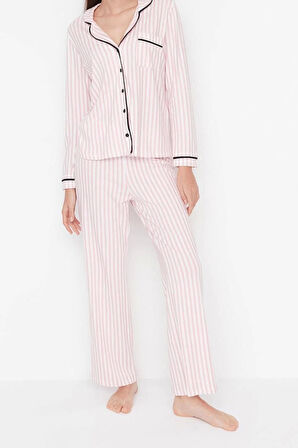 Kadın Moda Şık Gömlek Yaka Geniş Paça Uzun Kol %100 Pamuklu Çizgili Biyeli Örme Pijama Takımı