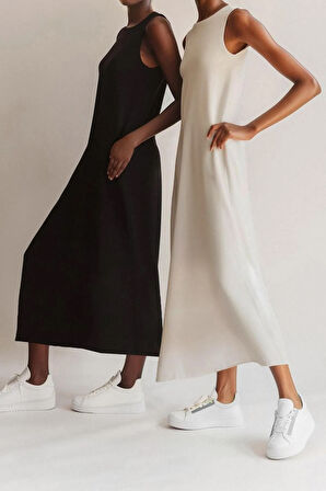 Yeni Regular Casual Günlük Süprem Örme Bisiklet Yaka Kolsuz Kol Basic Maxi Boy Tesettür Elbise