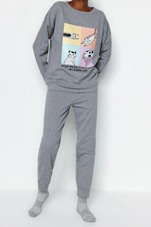 Kadın Moda Şık Bisiklet Yaka Boru Paça Uzun Kol Pamuklu Baskılı Örme Pijama Takımı