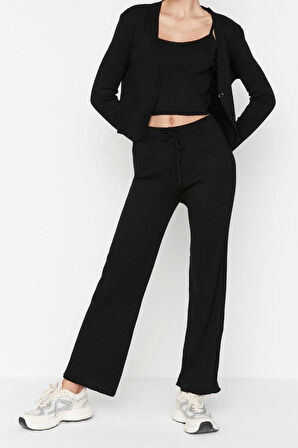 Kadın Moda Şık Geniş Paça Crop Boy Uzun Kollu Fitillli Bluz Hırka Pantolon Triko Alt-Üst Takım