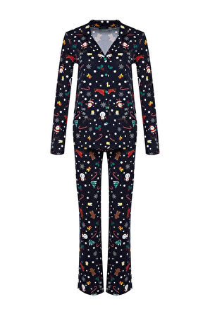 Kadın Moda Şık Gömlek Yaka Boru Paça Uzun Kol %100 Pamuklu Yılbaşı Temalı Örme Pijama Takımı
