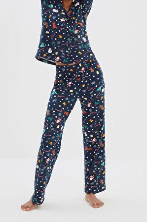 Kadın Moda Şık Gömlek Yaka Boru Paça Uzun Kol %100 Pamuklu Yılbaşı Temalı Örme Pijama Takımı