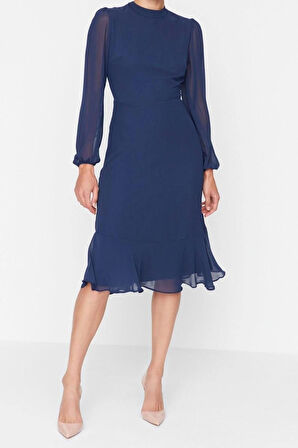 Yeni Regular Gündüz Gece Şifon Dokuma Dik Yaka Uzun Kol A-Line Midi Boy Elbise