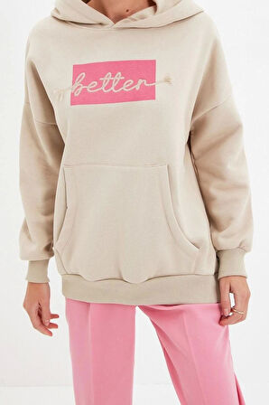Kadın Moda Bol Kapüşonlu Düşük Kol Uzun Kalın İçi Polarlı Nakışlı Geniş Kalıp Cepli Örme Sweatshirt