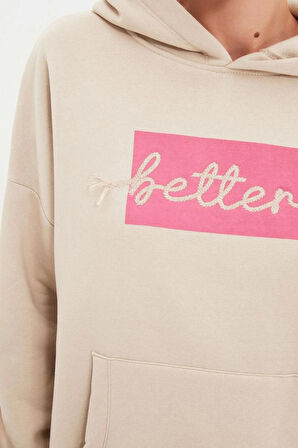 Kadın Moda Bol Kapüşonlu Düşük Kol Uzun Kalın İçi Polarlı Nakışlı Geniş Kalıp Cepli Örme Sweatshirt