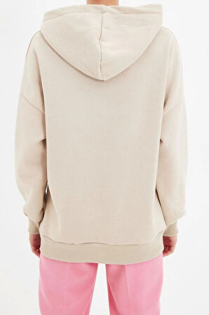 Kadın Moda Bol Kapüşonlu Düşük Kol Uzun Kalın İçi Polarlı Nakışlı Geniş Kalıp Cepli Örme Sweatshirt