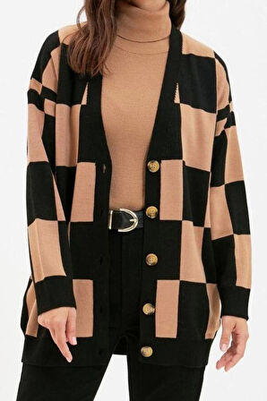 Kadın Moda Şık Tesettür Regular V Yaka Relaxed Dama Desenli Triko Hırka