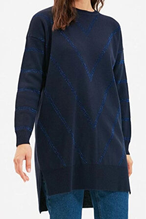 Kadın Moda Şık Tesettür Bisiklet Yaka Düşük Kol Midi Simli Uzun Triko Kazak