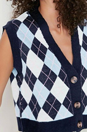 Kadın Moda Şık Crop V Yaka Kolsuz Baklava Crop Triko Yelek