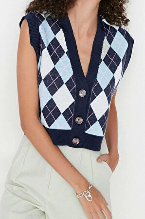 Kadın Moda Şık Crop V Yaka Kolsuz Baklava Crop Triko Yelek