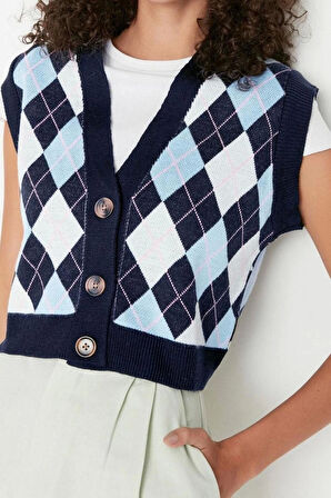 Kadın Moda Şık Crop V Yaka Kolsuz Baklava Crop Triko Yelek
