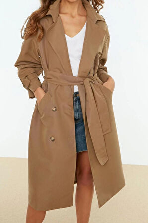 Kadın Moda Şık Oversize Ceket Yaka Uzun Düz Astarlı Oversize Kuşaklı Trençkot