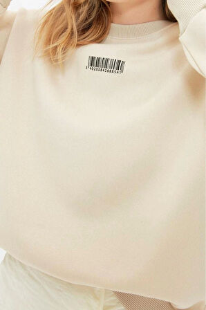 Kadın Bisiklet Yaka Balon Kol Kalın İçi Polarlı Minimal Baskılı Balon Kol Örme Sweatshirt