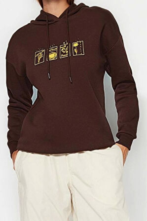 Kadın Moda Şık Bol Kapüşonlu Düşük Kol Uzun Baskılı Kalın İçi Polarlı Örme Sweatshirt