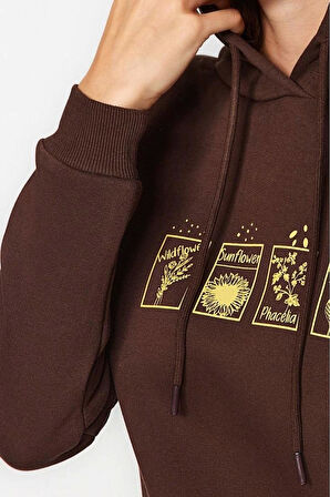 Kadın Moda Şık Bol Kapüşonlu Düşük Kol Uzun Baskılı Kalın İçi Polarlı Örme Sweatshirt
