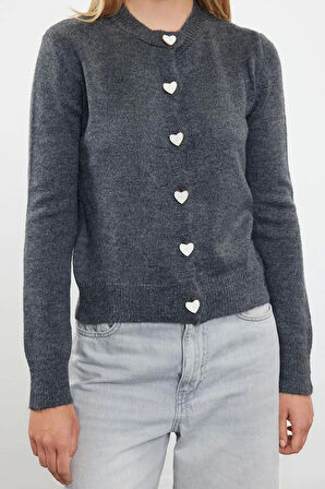 Kadın Regular Bisiklet Yaka Uzun Kol Düz Yumuşak Dokulu Mücevher Düğmeli Ceket Görünümlü Triko Hırka