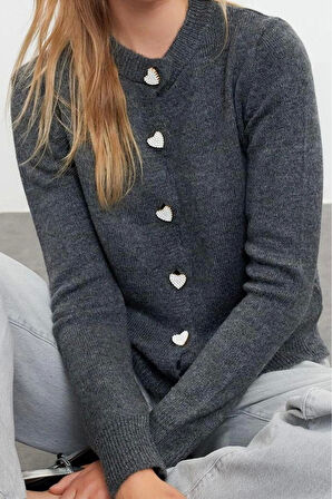 Kadın Regular Bisiklet Yaka Uzun Kol Düz Yumuşak Dokulu Mücevher Düğmeli Ceket Görünümlü Triko Hırka