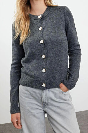 Kadın Regular Bisiklet Yaka Uzun Kol Düz Yumuşak Dokulu Mücevher Düğmeli Ceket Görünümlü Triko Hırka