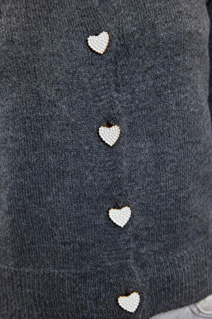 Kadın Regular Bisiklet Yaka Uzun Kol Düz Yumuşak Dokulu Mücevher Düğmeli Ceket Görünümlü Triko Hırka