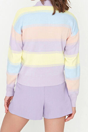 Kadın Moda Şık Regular Polo Yaka Uzun Kol Renk Bloklu Triko Kazak