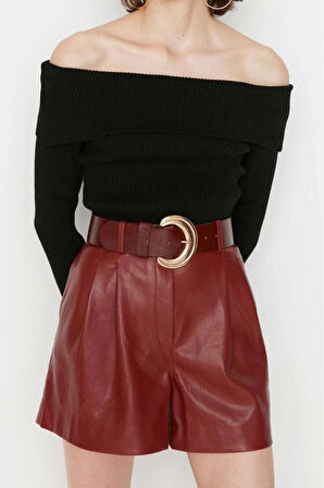 Kadın Moda Şık Crop Carmen Yaka Uzun Kol Düz Süper Crop Carmen Yaka Triko Kazak