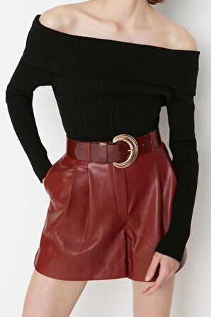 Kadın Moda Şık Crop Carmen Yaka Uzun Kol Düz Süper Crop Carmen Yaka Triko Kazak