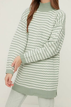 Kadın Moda Şık Tesettür Dik Yaka Düşük Kol Midi Yarım Balıkçı Yaka Çizgili Triko Kazak