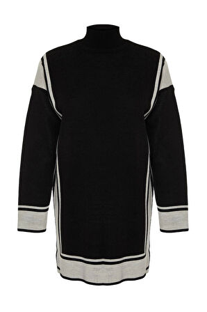 Kadın Moda Şık Tesettür Dik Yaka Düşük Kol Midi Çizgili Triko Kazak