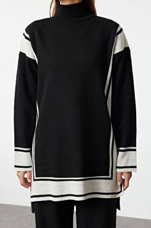 Kadın Moda Şık Tesettür Dik Yaka Düşük Kol Midi Çizgili Triko Kazak