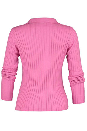 Kadın Moda Şık Regular Polo Yaka Uzun Kol Düz Kol Ucu Detaylı Polo Yaka Triko Kazak