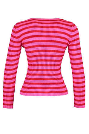 Kadın Moda Şık Regular Bisiklet Yaka Uzun Kol Çizgili Basic Triko Kazak