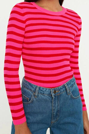 Kadın Moda Şık Regular Bisiklet Yaka Uzun Kol Çizgili Basic Triko Kazak