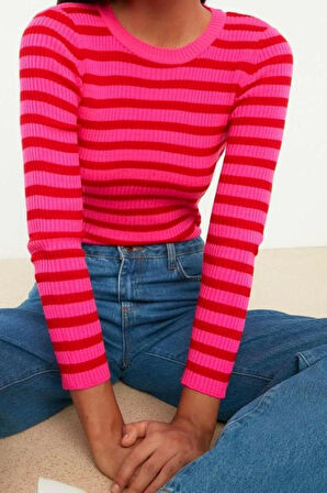 Kadın Moda Şık Regular Bisiklet Yaka Uzun Kol Çizgili Basic Triko Kazak