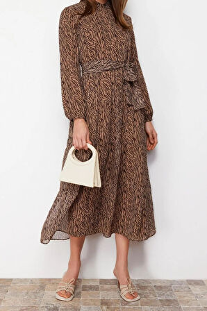 Yeni Rahat Casual Günlük Şifon Dokuma Dik Yaka Uzun Kol Basic Maxi Boy Tesettür Elbise