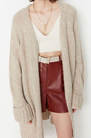 Kadın Moda Şık Midi V Yaka Uzun Kol Düz Geniş Kalıp Yumuşak Dokulu Triko Hırka