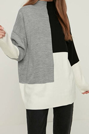 Kadın Tesettür Moda Şık Regular Dik Yaka Uzun Kol Renk Bloklu Dik Yaka Triko Kazak