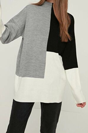 Kadın Tesettür Moda Şık Regular Dik Yaka Uzun Kol Renk Bloklu Dik Yaka Triko Kazak