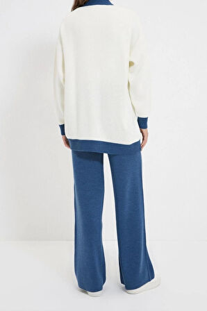 Kadın Moda Şık Geniş Paça Regular Boy Uzun Kollu Şerit Detaylı Hırka-Pantolon Triko Takım