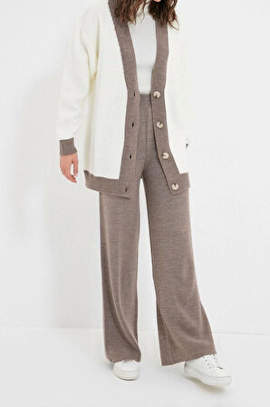 Kadın Moda Şık Geniş Paça Regular Boy Uzun Kollu Şerit Detaylı Hırka-Pantolon Triko Takım