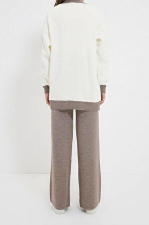 Kadın Moda Şık Geniş Paça Regular Boy Uzun Kollu Şerit Detaylı Hırka-Pantolon Triko Takım