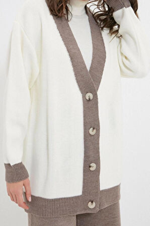 Kadın Moda Şık Geniş Paça Regular Boy Uzun Kollu Şerit Detaylı Hırka-Pantolon Triko Takım