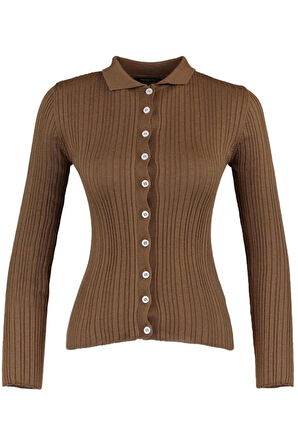 Kadın Moda Şık Regular Polo Yaka Uzun Kol Düz Fitilli Polo Yaka Triko Hırka